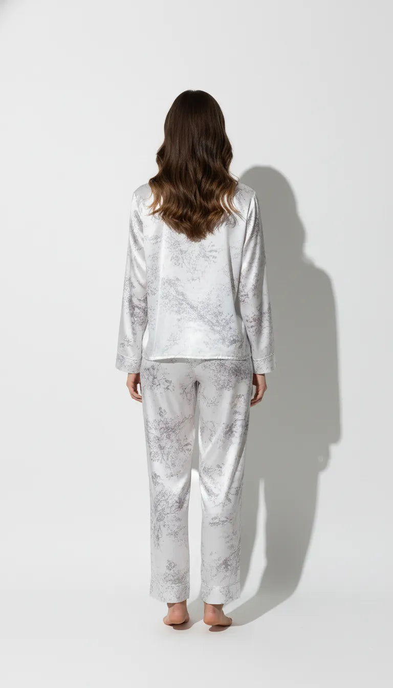 Pyjama Satin Blanc à Motifs Gris pour Femme | Élégance Intemporelle | Ensemble 2 Pièces Manches Longues et Pantalon - Vue de dos