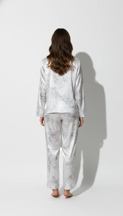 Pyjama Satin Blanc à Motifs Gris pour Femme | Élégance Intemporelle | Ensemble 2 Pièces Manches Longues et Pantalon - Vue de dos