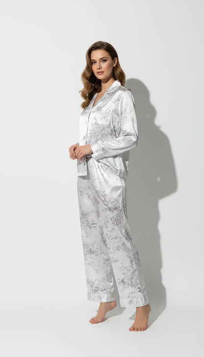 Pyjama Satin Blanc à Motifs Gris pour Femme | Élégance Intemporelle | Ensemble 2 Pièces Manches Longues et Pantalon - Vue de face