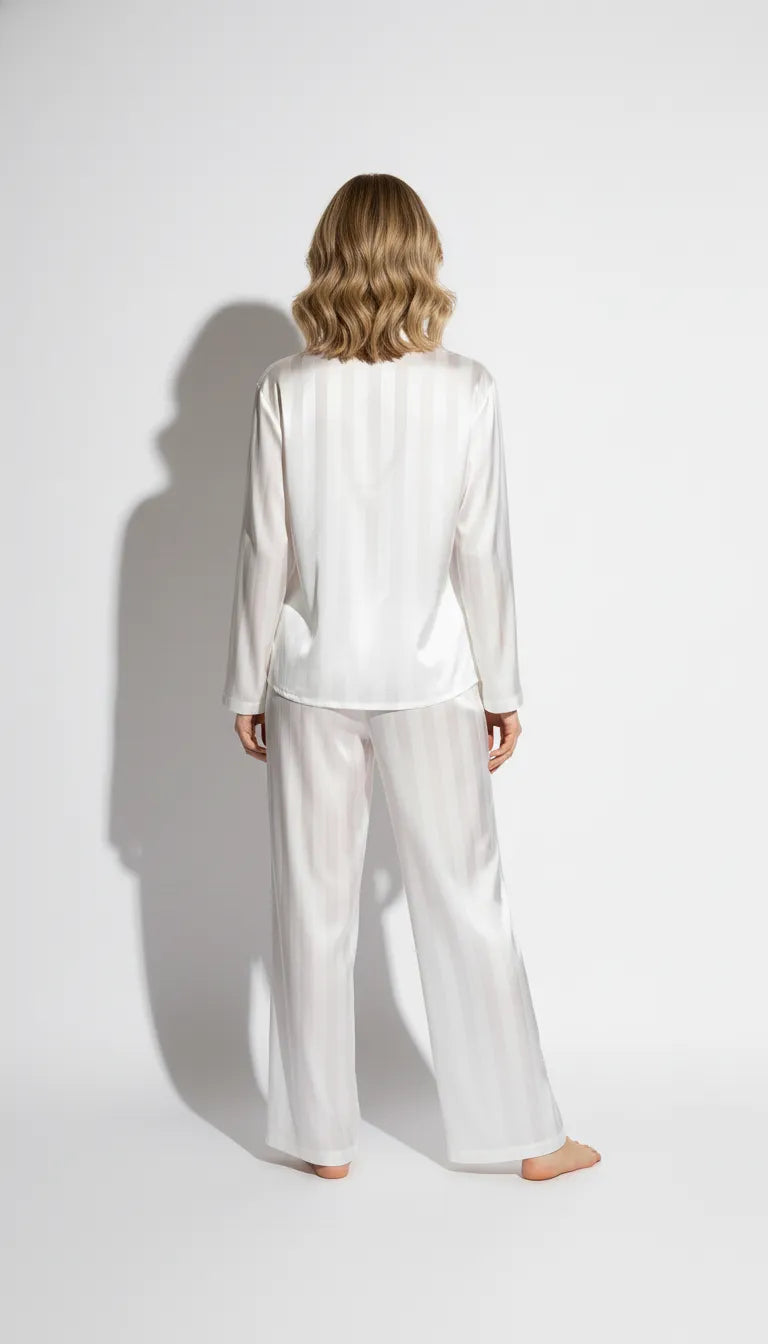 Pyjama Satin Blanc à Rayures pour Femme | Chemise à Col et Pantalon Long | Ensemble 2 Pièces - Vue de dos