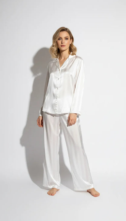 Pyjama Satin Blanc à Rayures pour Femme | Chemise à Col et Pantalon Long | Ensemble 2 Pièces - Vue de face
