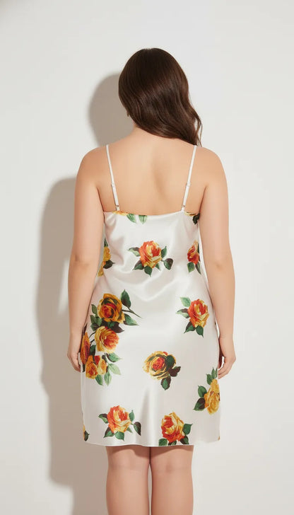 Pyjama Satin Blanc et Rose pour Femme | Nuisette Romantique avec Fleurs | 1 Pièce - Vue de dos