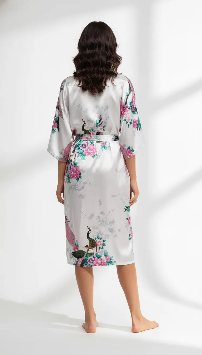 Pyjama Satin Blanc et Rose pour Femme | Kimono Long à Motifs Paon | 1 Pièce - Vue de dos