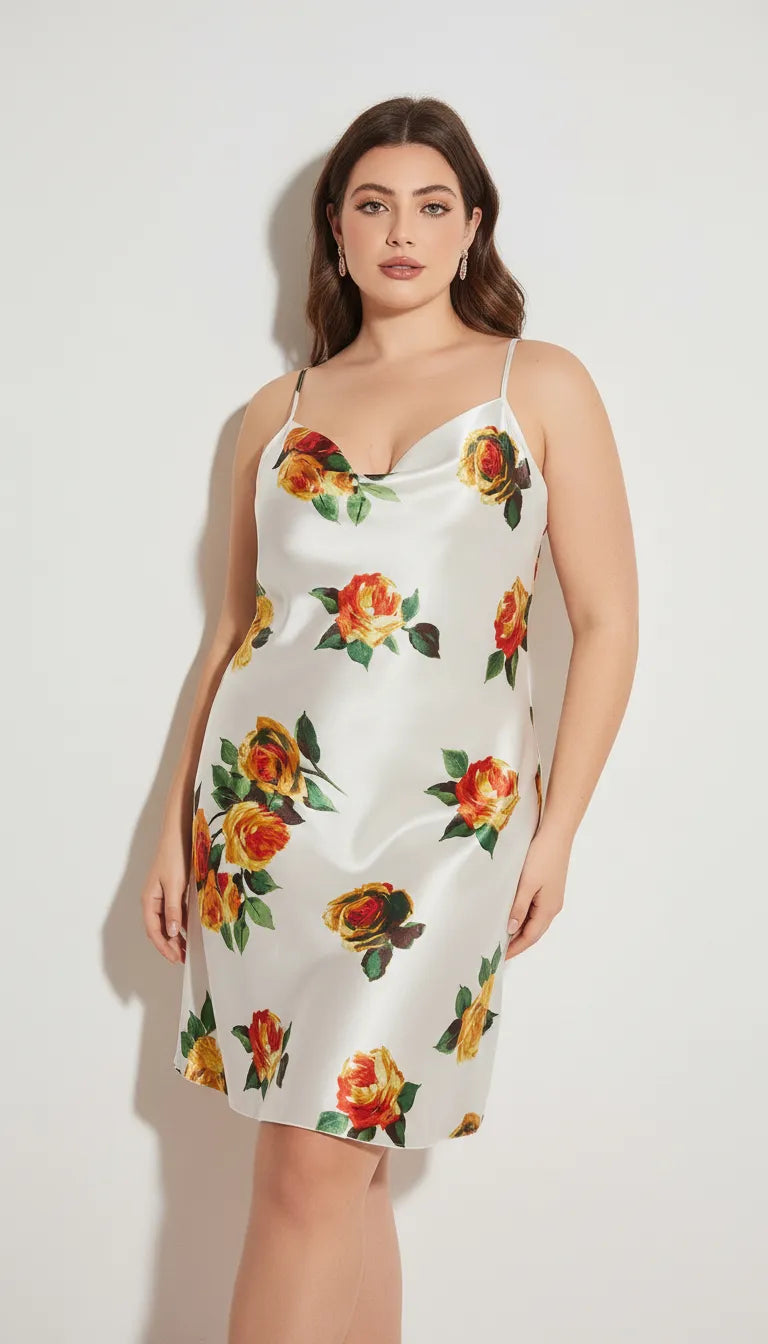 Pyjama Satin Blanc et Rose pour Femme | Nuisette Romantique avec Fleurs | 1 Pièce - Vue de face