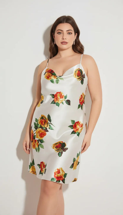 Pyjama Satin Blanc et Rose pour Femme | Nuisette Romantique avec Fleurs | 1 Pièce - Vue de face