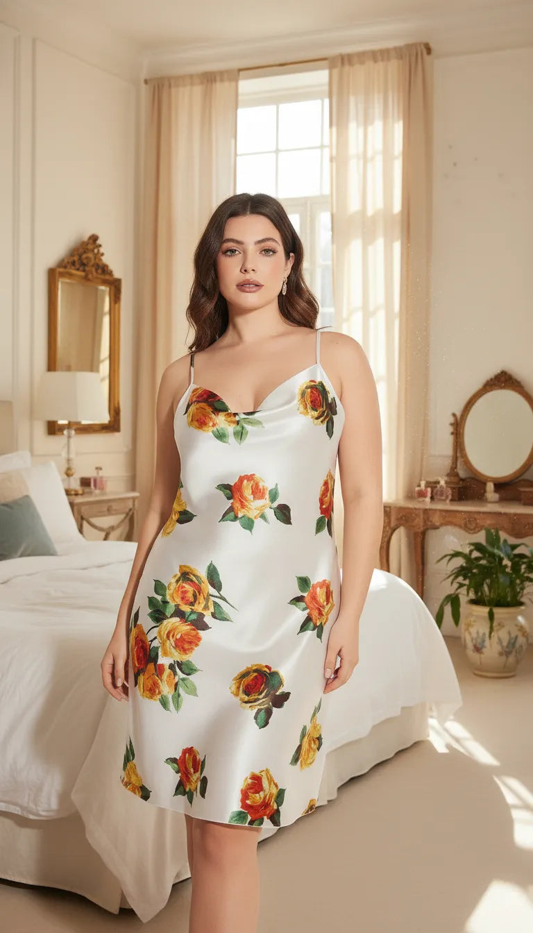 Pyjama Satin Blanc et Rose pour Femme | Nuisette Romantique avec Fleurs | 1 Pièce - Mise en situation portée