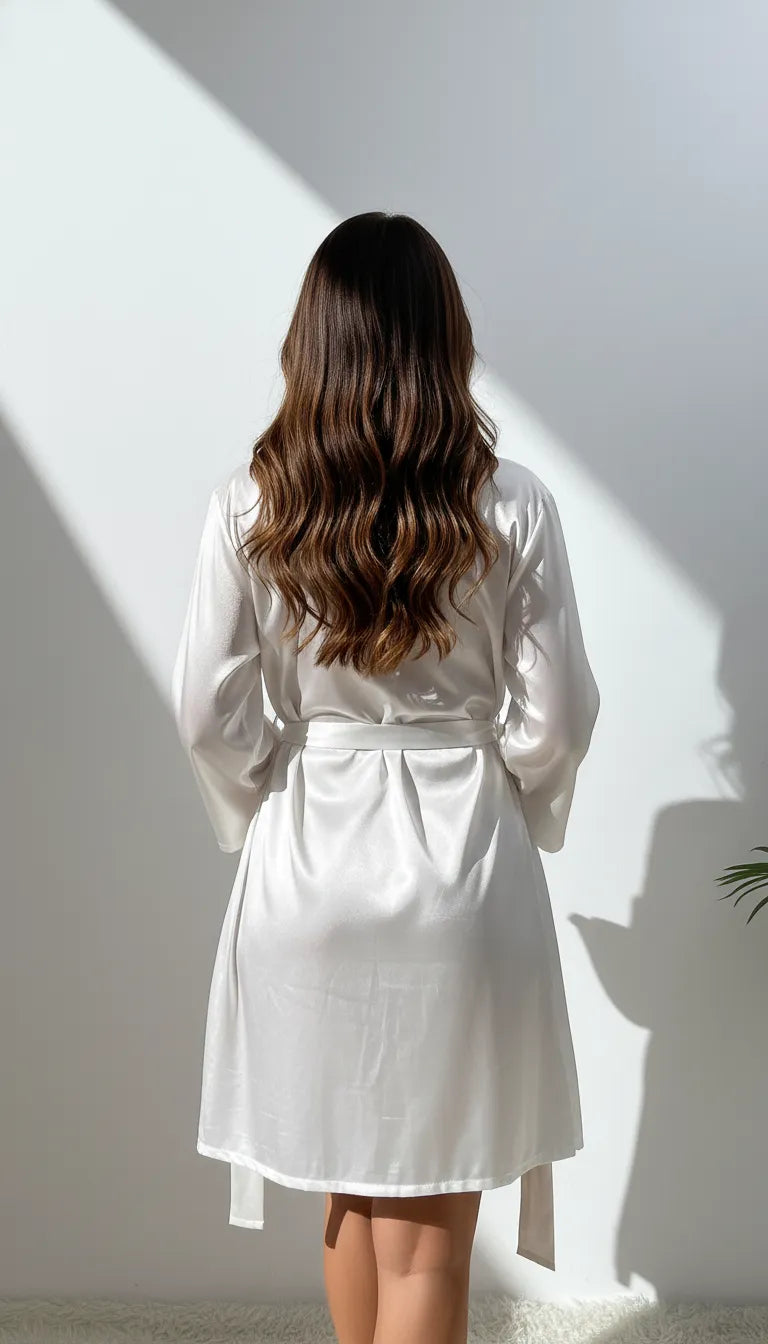 Pyjama Satin Blanc pour Femme | Nuisette Décolletée & Kimono Fluide | Ensemble 2 Pièces - Vue de dos