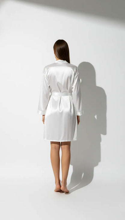 Pyjama Satin Blanc pour Femme | Nuisette Décolleté V & Kimono Manches Longues | Ensemble 2 Pièces - Vue de dos