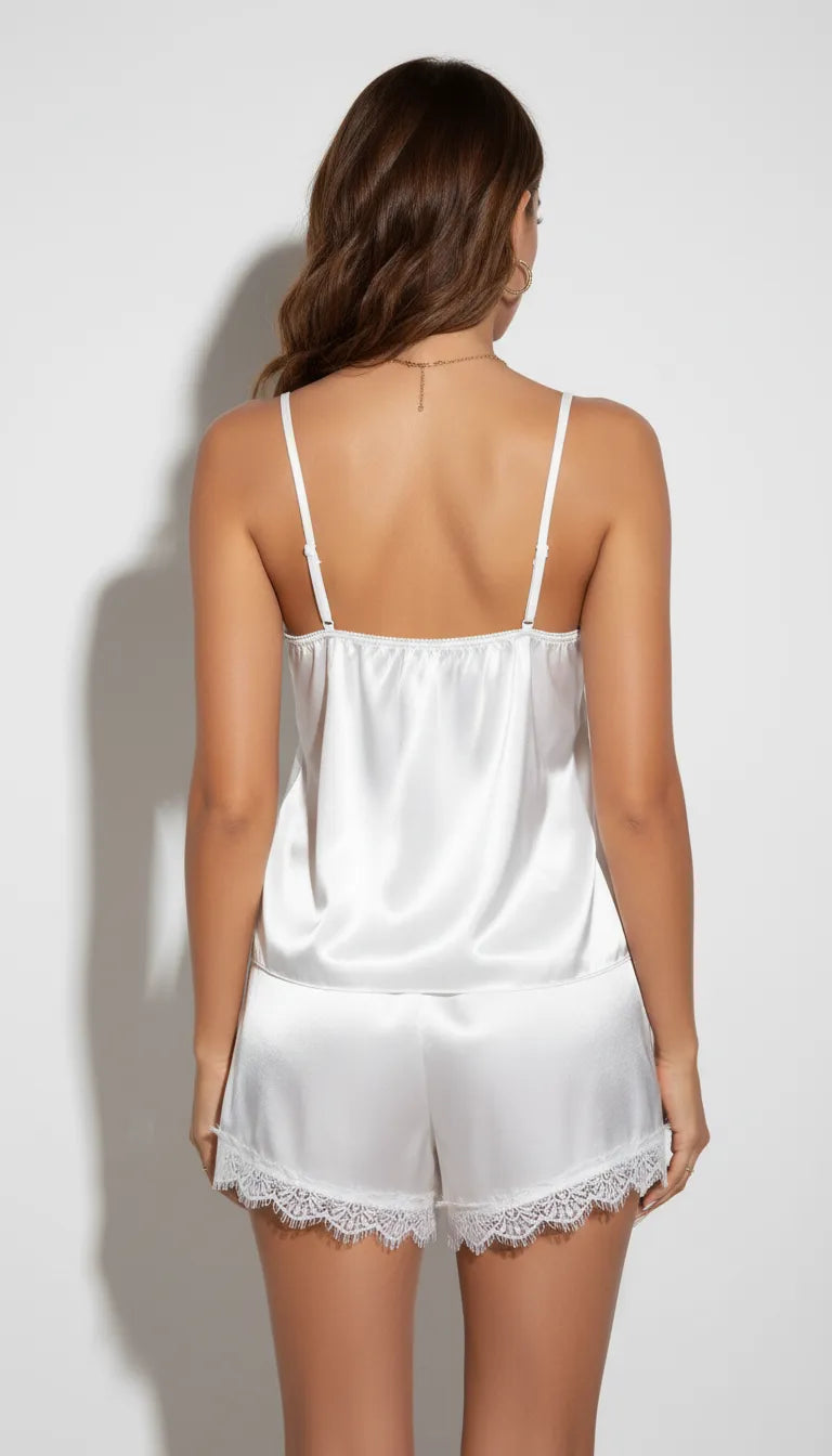Pyjama Satin Blanc pour Femme | Ensemble Débardeur Dentelle & Short | 2 Pièces - Vue de dos