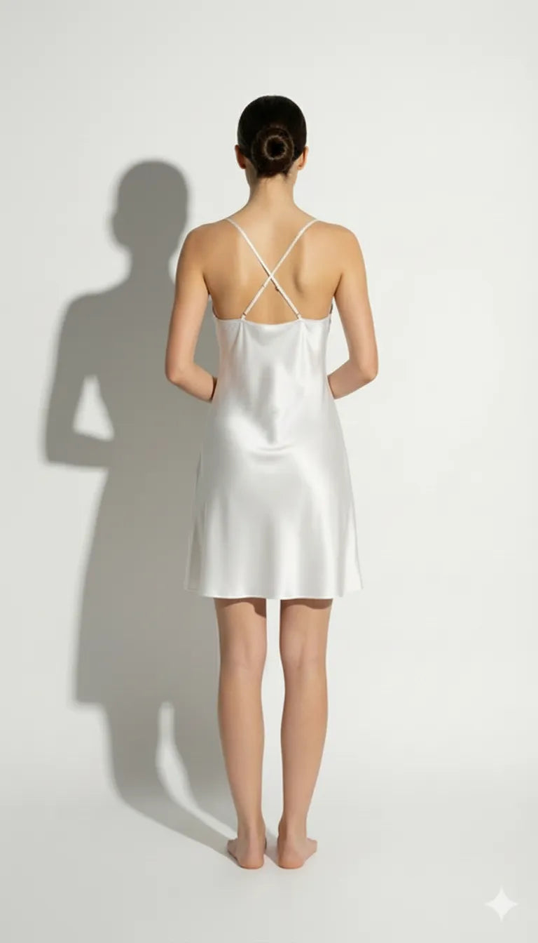 Pyjama Satin Blanc pour Femme | Nuisette Romantique avec Dentelle | 1 Pièce - Vue de dos