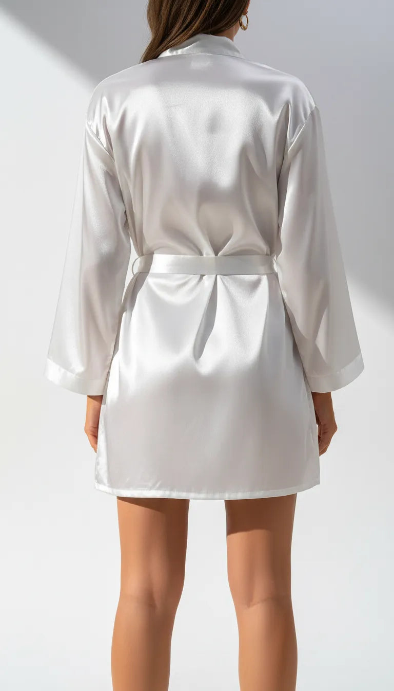 Pyjama Satin Blanc pour Femme | Nuisette à Dentelle & Kimono Long | 2 Pièces - Vue de dos