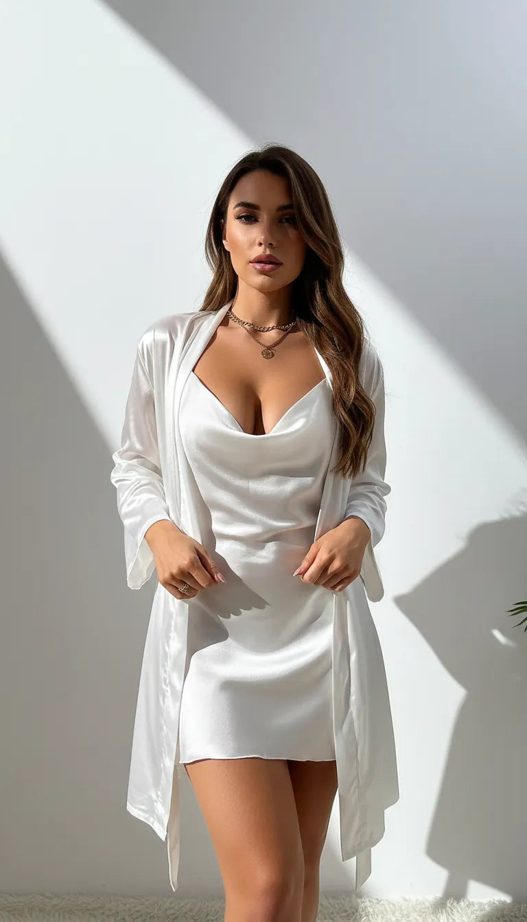Pyjama Satin Blanc pour Femme | Nuisette Décolletée & Kimono Fluide | Ensemble 2 Pièces - Vue de face