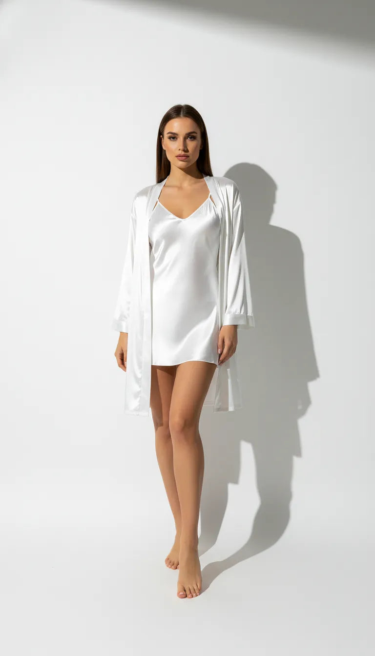 Pyjama Satin Blanc pour Femme | Nuisette Décolleté V & Kimono Manches Longues | Ensemble 2 Pièces - Vue de face