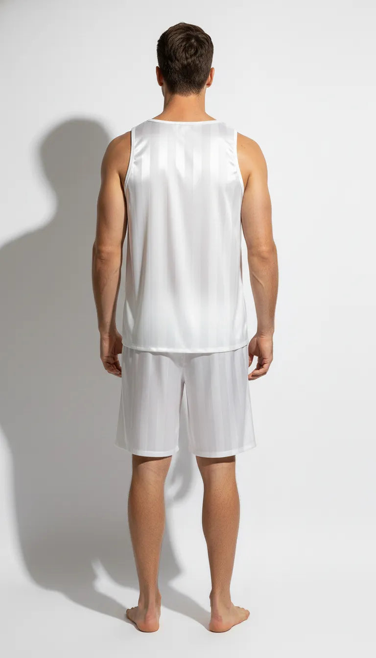 Pyjama Satin Blanc pour Homme | Sportif et Confortable | Débardeur rayé & Short | Ensemble 2 Pièces - Vue de dos