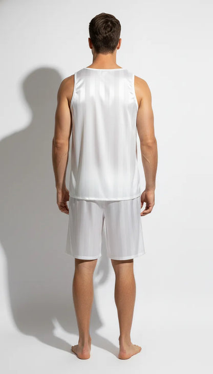 Pyjama Satin Blanc pour Homme | Sportif et Confortable | Débardeur rayé & Short | Ensemble 2 Pièces - Vue de dos