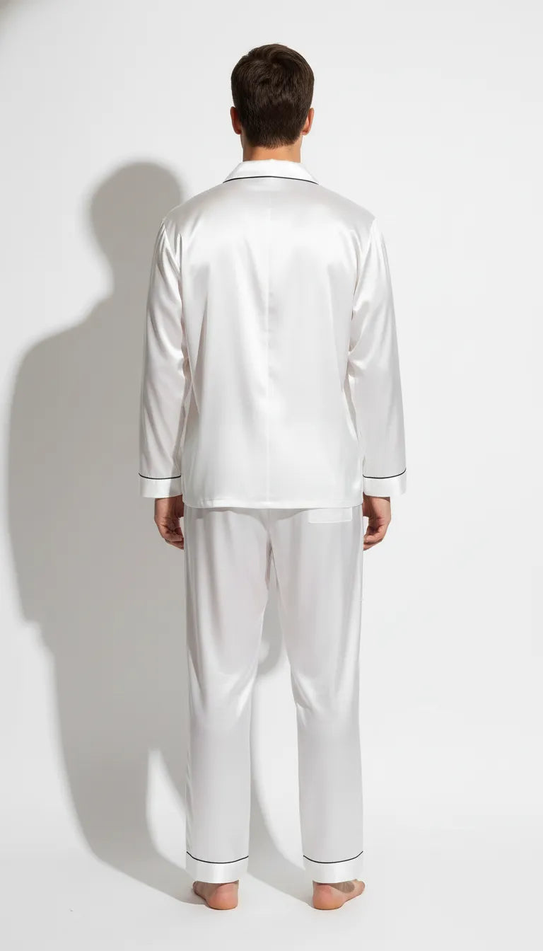 Pyjama Satin Blanc pour Homme | Classique Chic | Chemise Manches Longues & Pantalon | 2 Pièces - Vue de dos