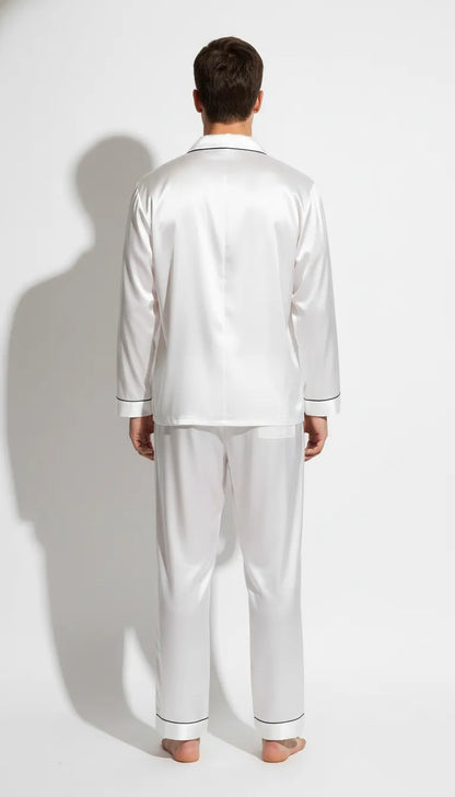Pyjama Satin Blanc pour Homme | Classique Chic | Chemise Manches Longues & Pantalon | 2 Pièces - Vue de dos