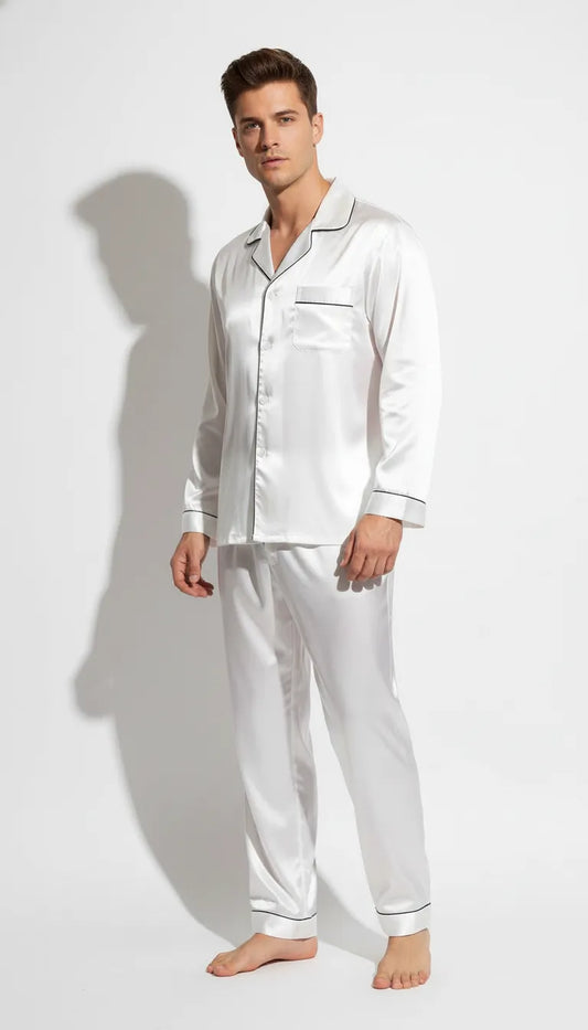 Pyjama Satin Blanc pour Homme | Classique Chic | Chemise Manches Longues & Pantalon | 2 Pièces - Vue de face