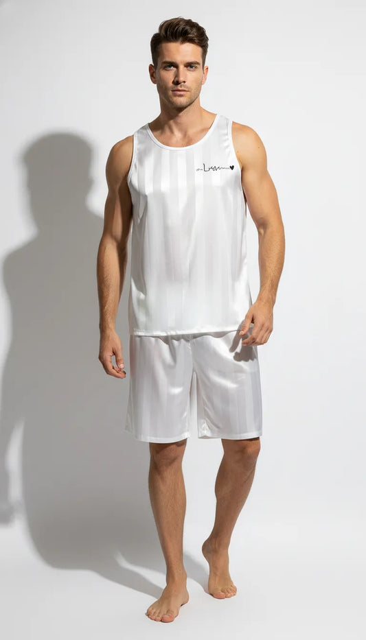 Pyjama Satin Blanc pour Homme | Sportif et Confortable | Débardeur rayé & Short | Ensemble 2 Pièces - Vue de face
