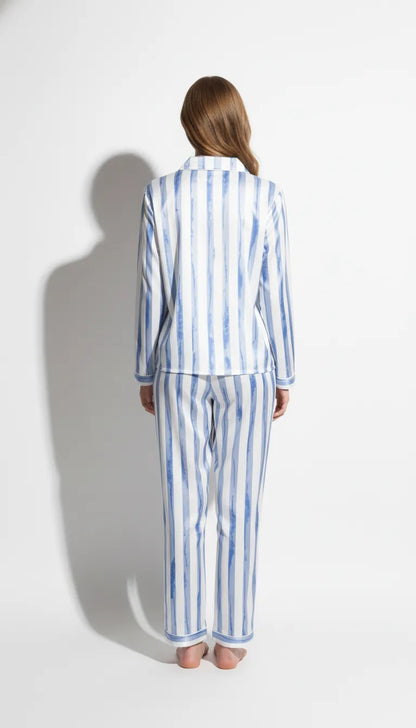 Pyjama Satin Bleu | Moderne chic | Chemise et Pantalon Femme | Ensemble 2 Pièces - Vue de dos