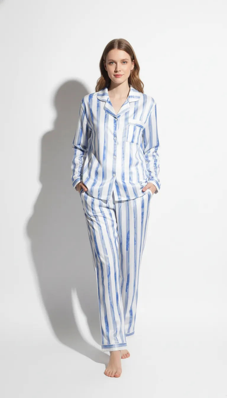 Pyjama Satin Bleu | Moderne chic | Chemise et Pantalon Femme | Ensemble 2 Pièces - Vue de face