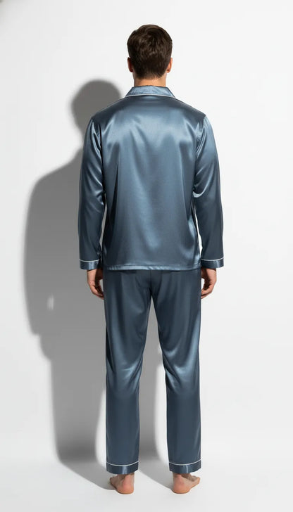 Pyjama Satin Bleu Ardoise pour Homme | Classique Chic | Chemise Manches Longues et Pantalon | 2 Pièces - Vue de dos