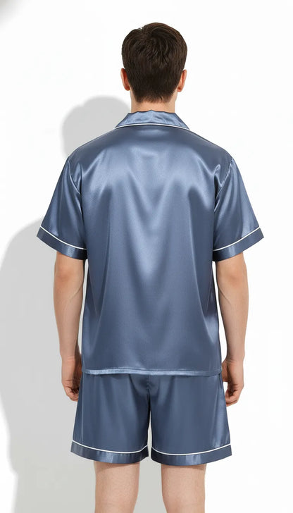 Pyjama Satin Bleu Ardoise pour Homme | Classique Élégant | Chemise Manches Courtes & Short | Ensemble 2 Pièces - Vue de dos