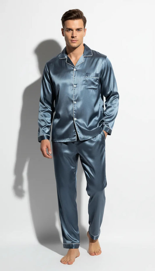 Pyjama Satin Bleu Ardoise pour Homme | Classique Chic | Chemise Manches Longues et Pantalon | 2 Pièces - Vue de face