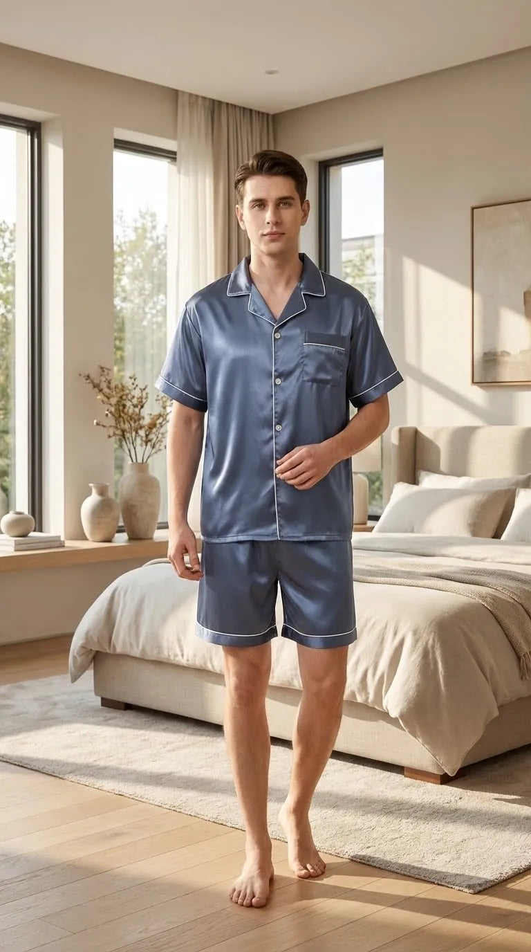 Pyjama Satin Bleu Ardoise pour Homme | Classique Élégant | Chemise Manches Courtes & Short | Ensemble 2 Pièces - Mise en situation portée