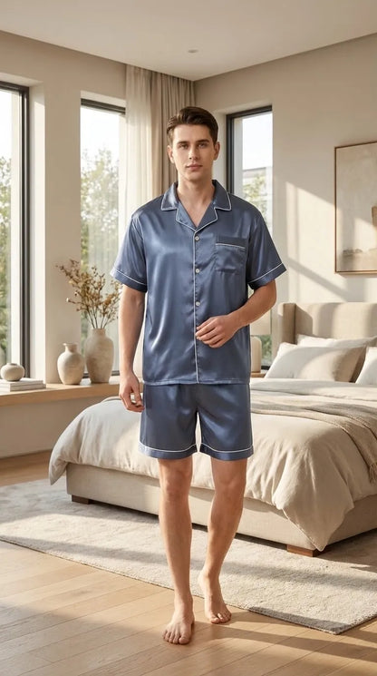 Pyjama Satin Bleu Ardoise pour Homme | Classique Élégant | Chemise Manches Courtes & Short | Ensemble 2 Pièces - Mise en situation portée