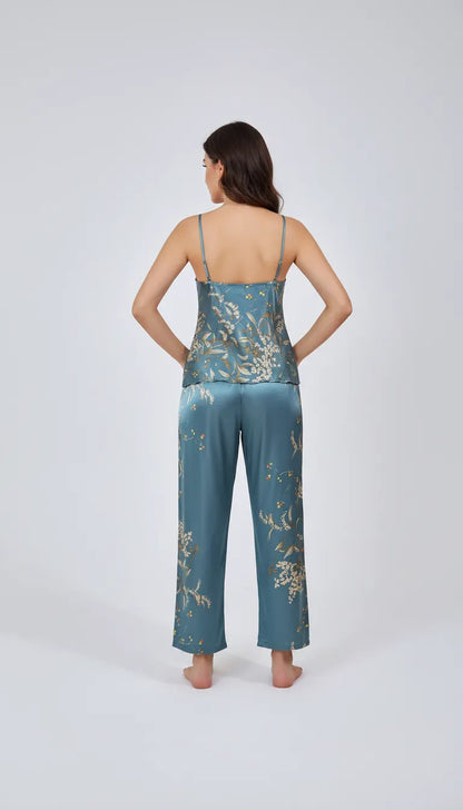 Pyjama Satin Bleu Ciel | Femme | Ensemble Débardeur et Pantalon Imprimé Floral | 2 Pièces - Vue de dos