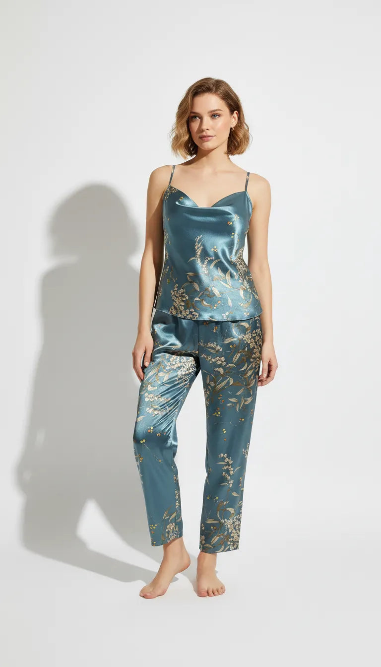 Pyjama Satin Bleu Ciel | Femme | Ensemble Débardeur et Pantalon Imprimé Floral | 2 Pièces - Vue de face