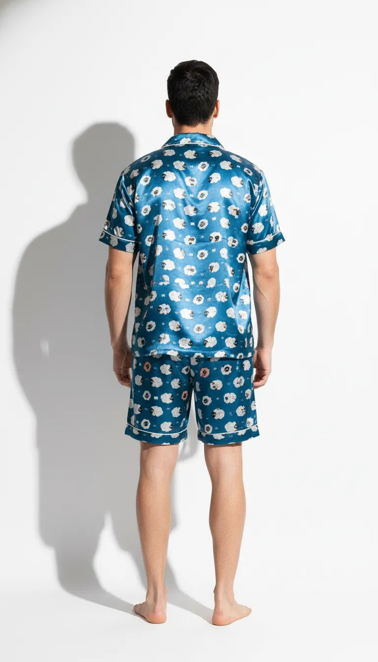 Pyjama Satin Bleu Ciel et Moutons pour Homme | Chic et Original | Chemise Manches Courtes & Short | Ensemble 2 Pièces - Vue de dos