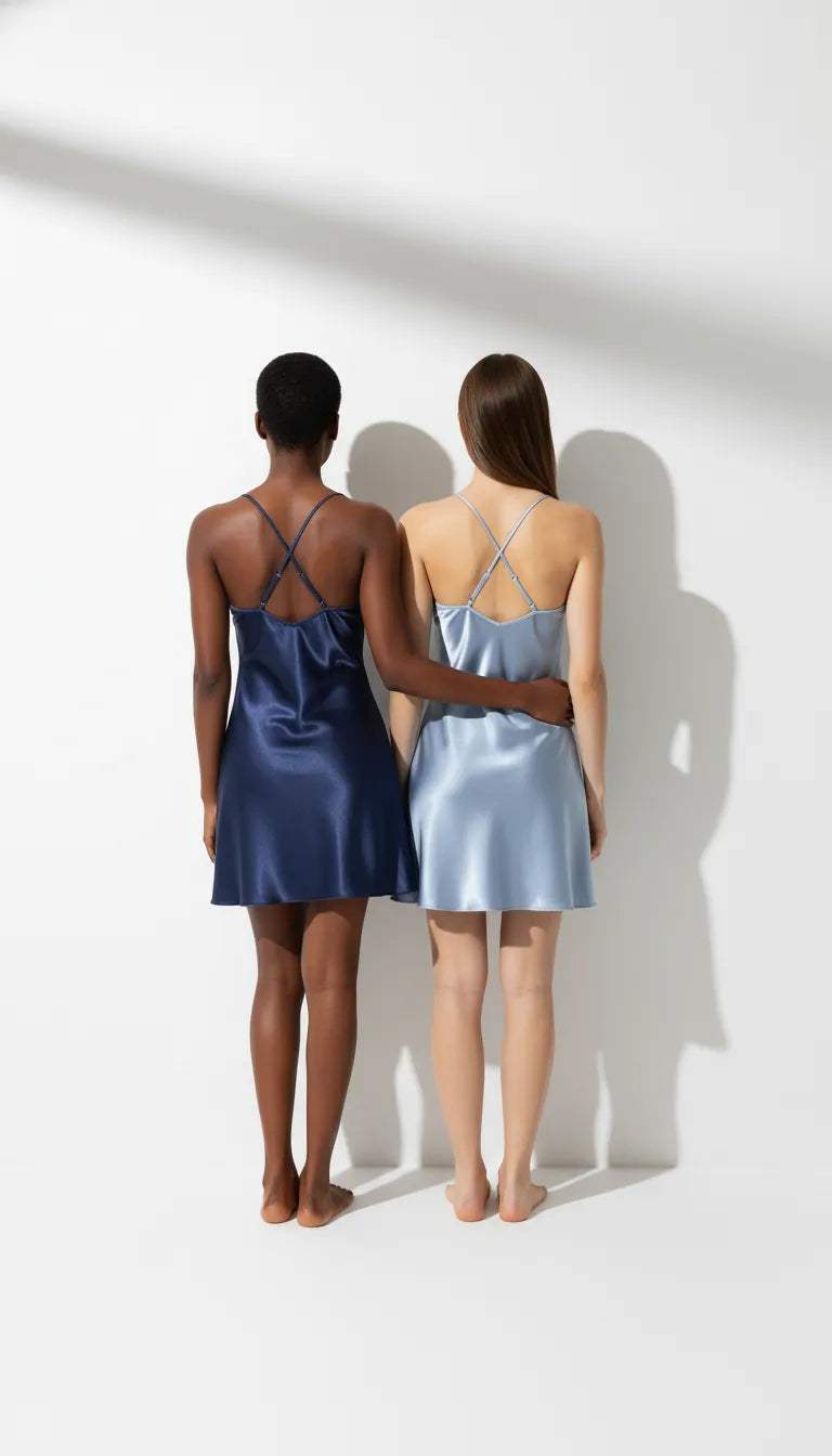 Pyjama Satin Bleu Ciel et Marine pour Femme | Nuisette Fluide Bretelles Croisées | Pack 2 Pièces - Vue de dos