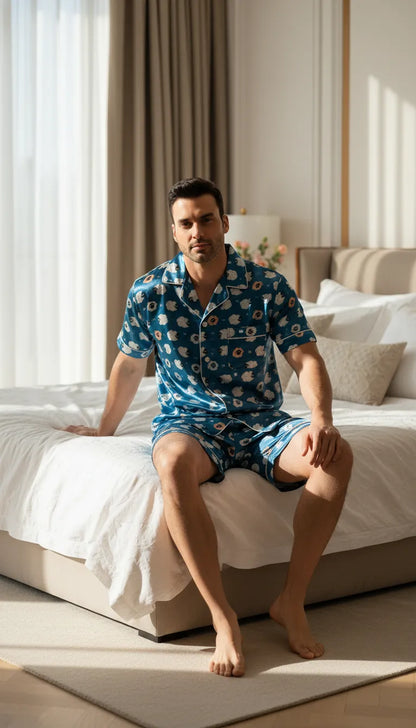 Pyjama Satin Bleu Ciel et Moutons pour Homme | Chic et Original | Chemise Manches Courtes & Short | Ensemble 2 Pièces - Mise en situation portée