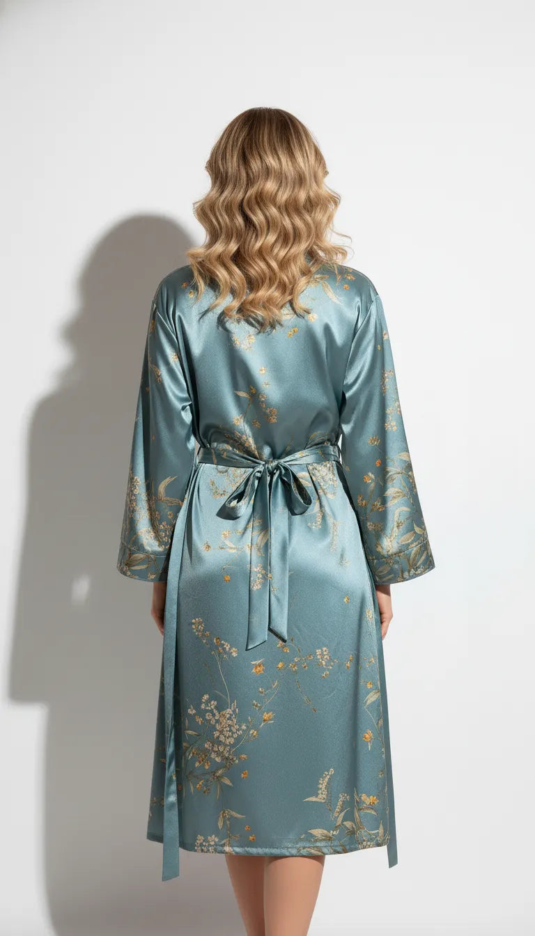 Pyjama Satin Bleu Ciel pour Femme | Nuisette Décolletée et Kimono Long Fleuri | Ensemble 2 Pièces - Vue de dos