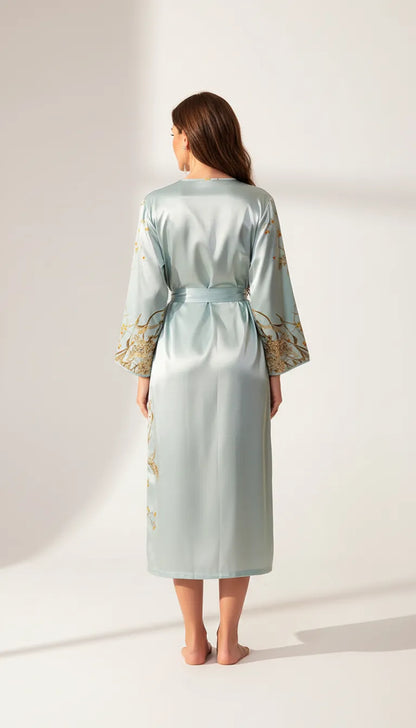 Pyjama Satin Bleu Ciel pour Femme | Kimono Long à Imprimé Floral | 1 Pièce - Vue de dos