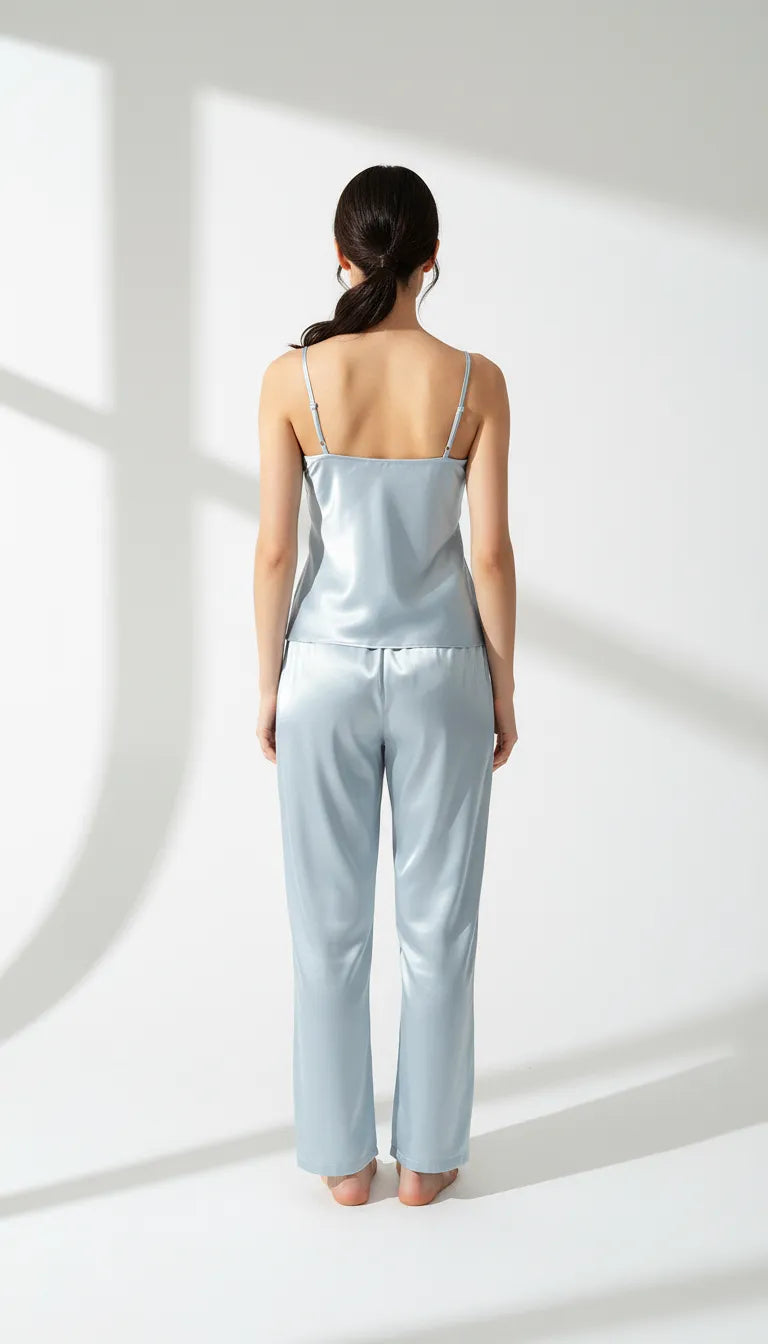 Pyjama Satin Bleu Ciel pour Femme | Débardeur Col V & Pantalon Fluide 2 Pièces - Vue de dos