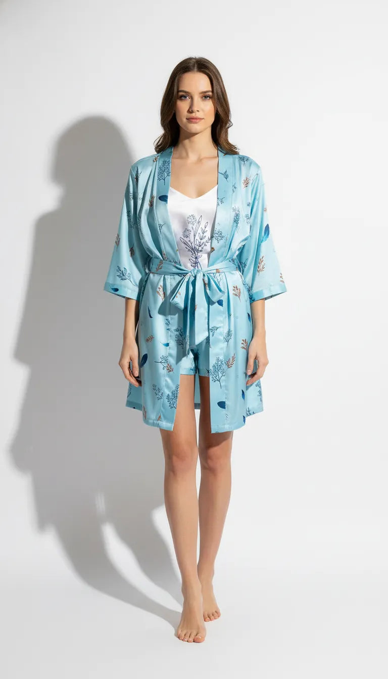 Pyjama Satin Bleu Ciel pour Femme | Romantique | Kimono Long + Débardeur + Short | Ensemble 3 Pièces - Vue de face