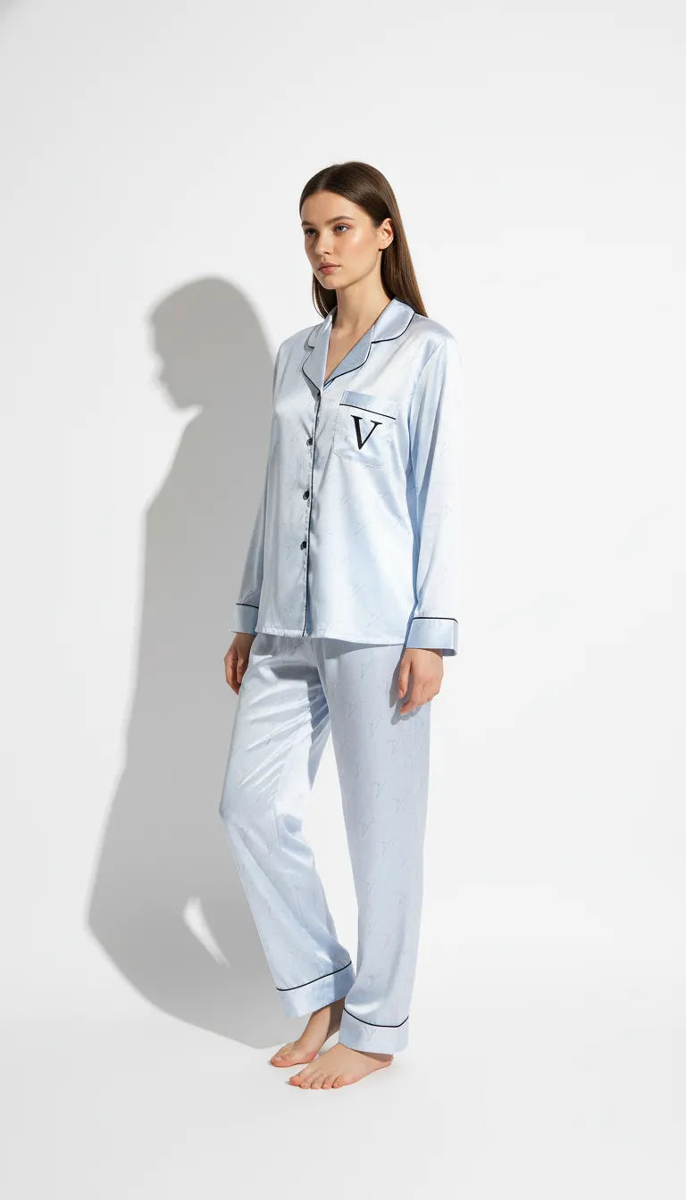 Pyjama Satin Bleu Ciel pour Femme | Ensemble Classique Élégant | Chemise Manches Longues et Pantalon | 2 Pièces - Vue de face