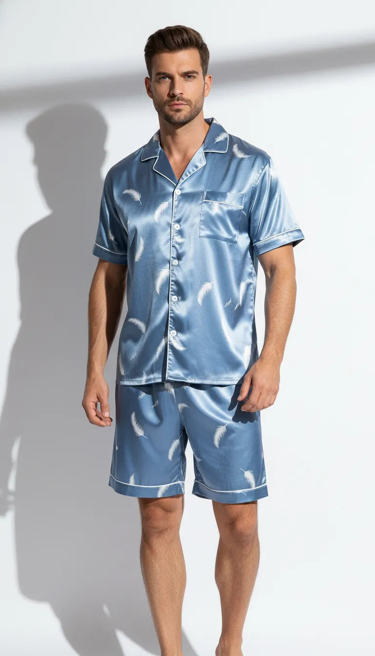Pyjama Satin Bleu Ciel pour Homme | Motif Plumes | Chemise Manches Courtes & Short | 2 Pièces - Vue de face