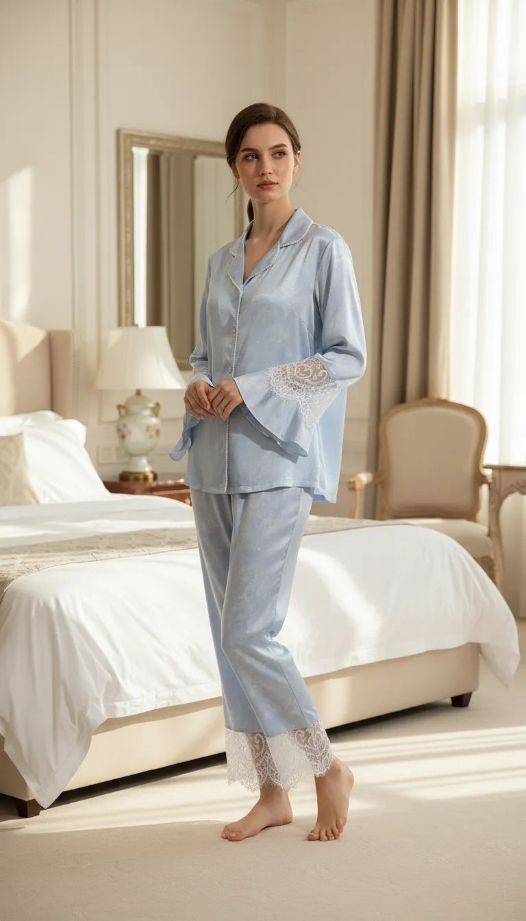 Pyjama Satin Bleu Ciel pour Femme | Ensemble Romantique Dentelle | Chemise Manches Longues & Pantalon | 2 Pièces - Mise en situation portée