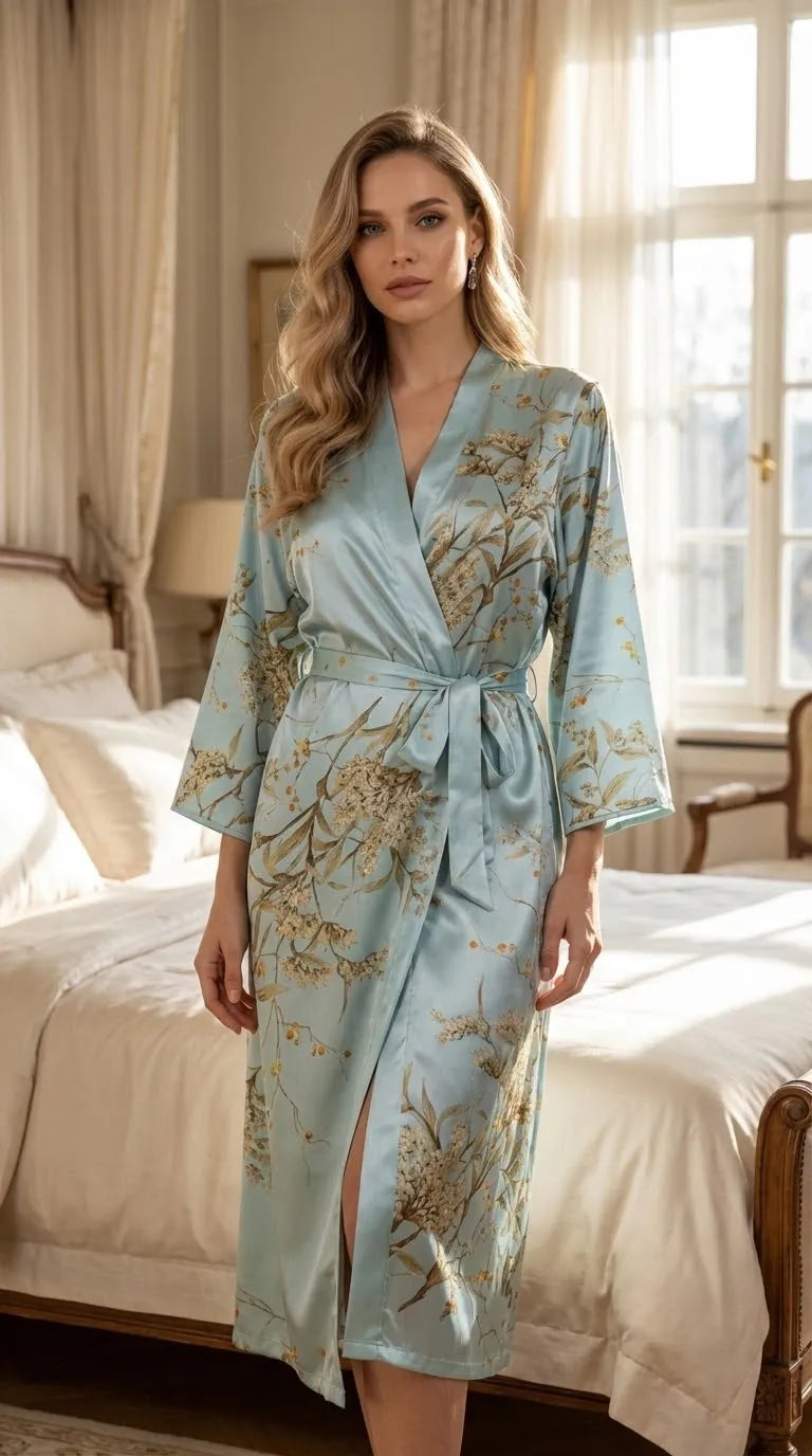 Pyjama Satin Bleu Ciel pour Femme | Kimono Long à Imprimé Floral | 1 Pièce - Mise en situation portée