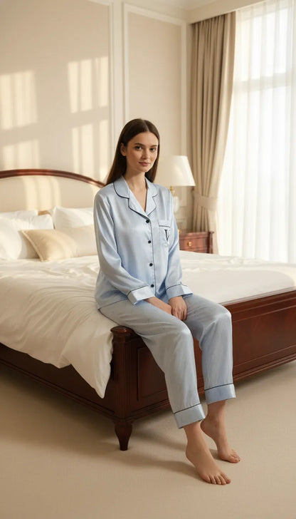 Pyjama Satin Bleu Ciel pour Femme | Ensemble Classique Élégant | Chemise Manches Longues et Pantalon | 2 Pièces - Mise en situation portée