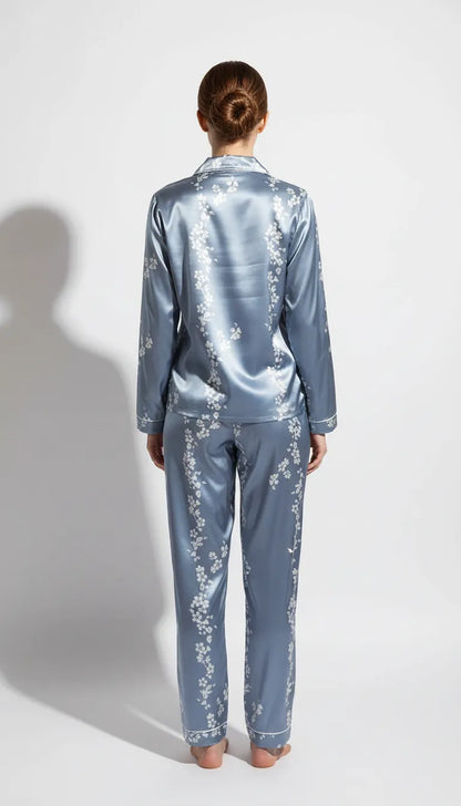 Pyjama Satin Bleu Clair Floral Femme | Chic & Romantique | Chemise & Pantalon | 2 Pièces - Vue de dos