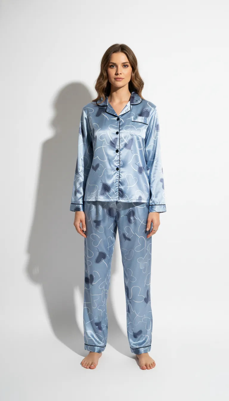Pyjama Satin Bleu Clair à Coeurs pour Femme | Chemise Manches Longues & Pantalon | Ensemble 2 Pièces - Vue de face