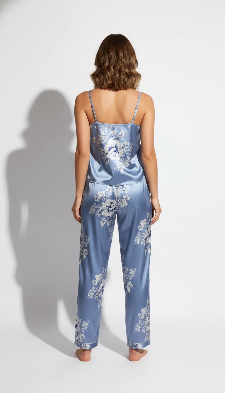Pyjama Satin Bleu Fleuri pour Femme | Débardeur et Pantalon | Ensemble 2 Pièces - Vue de dos
