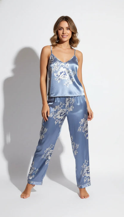 Pyjama Satin Bleu Fleuri pour Femme | Débardeur et Pantalon | Ensemble 2 Pièces - Vue de face