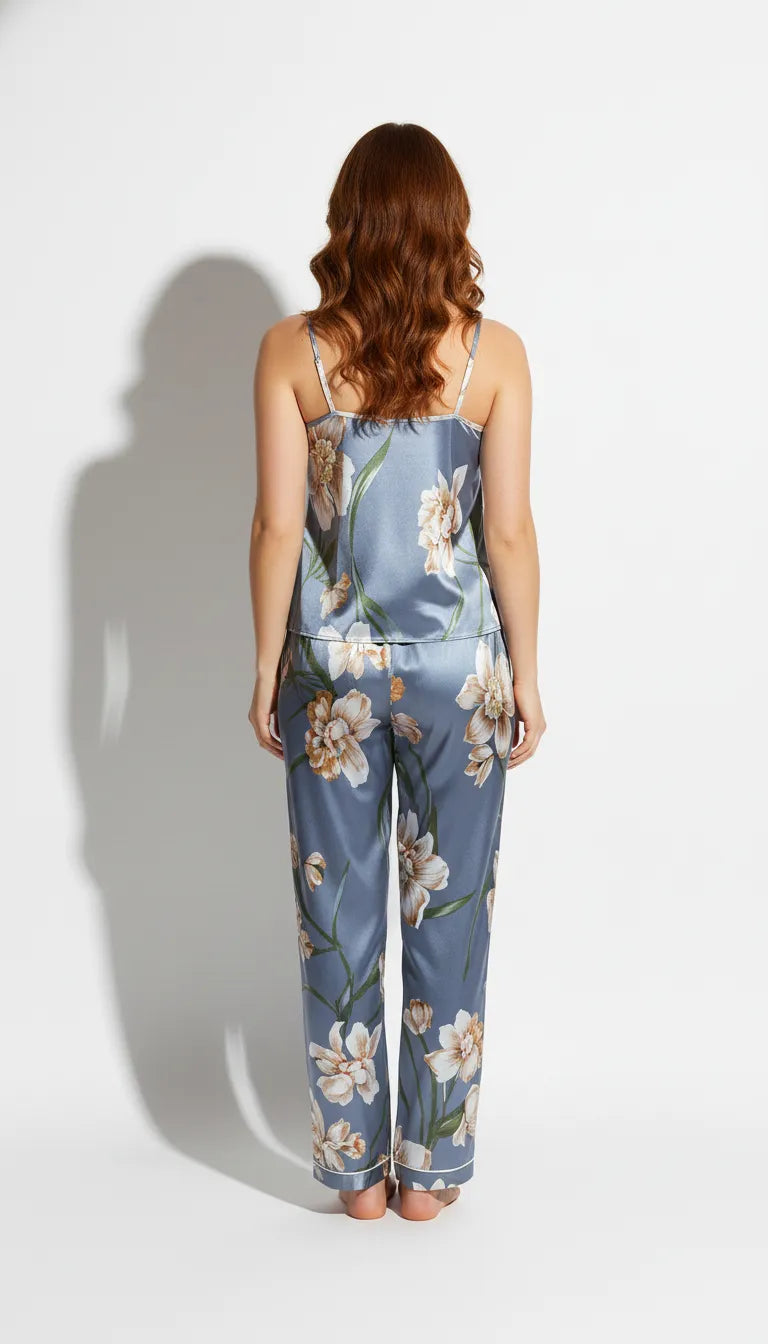 Pyjama Satin Bleu Floral pour Femme | Débardeur et Pantalon Fluide 2 Pièces - Vue de dos