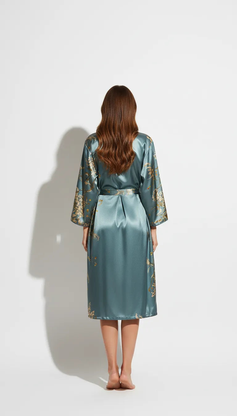 Pyjama Satin Bleu Floral pour Femme | Kimono Long et Fluide | Manches Longues | 1 Pièce - Vue de dos